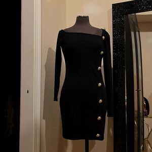 Chic Black Off-Shoulder Dress with Gold Statement Buttons – Size L